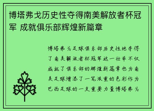 博塔弗戈历史性夺得南美解放者杯冠军 成就俱乐部辉煌新篇章